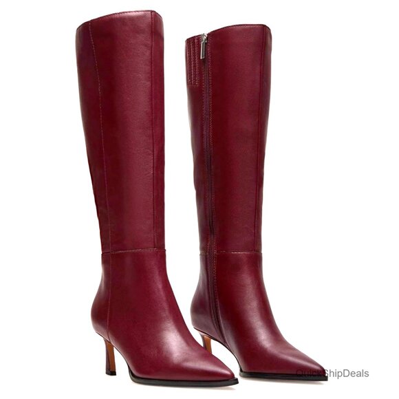 Kitten Heel Knee High Boots Side Zipper Pointed Toe Leather Look Dress Boots